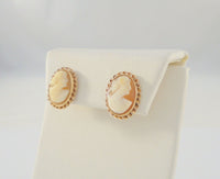 Vintage Solid 10K Yellow Gold 17mm Carved Shell Lady Cameo Fancy Spiral Framed Screw-on Screwback Earrings