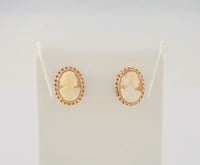 Vintage Solid 10K Yellow Gold 17mm Carved Shell Lady Cameo Fancy Spiral Framed Screw-on Screwback Earrings