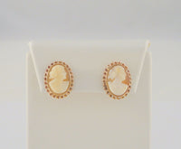 Vintage Solid 10K Yellow Gold 17mm Carved Shell Lady Cameo Fancy Spiral Framed Screw-on Screwback Earrings