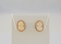 Vintage Solid 10K Yellow Gold 17mm Carved Shell Lady Cameo Fancy Spiral Framed Screw-on Screwback Earrings