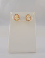 Vintage Solid 10K Yellow Gold 17mm Carved Shell Lady Cameo Fancy Spiral Framed Screw-on Screwback Earrings
