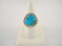 Chunky Handcrafted Vintage Southwestern Sterling Silver and Bright Blue Turquoise Split-Side Ring w/ Rope Detail & Matrix Size 9 - 9.5