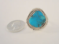 Chunky Handcrafted Vintage Southwestern Sterling Silver and Bright Blue Turquoise Split-Side Ring w/ Rope Detail & Matrix Size 9 - 9.5