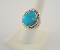 Chunky Handcrafted Vintage Southwestern Sterling Silver and Bright Blue Turquoise Split-Side Ring w/ Rope Detail & Matrix Size 9 - 9.5