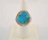 Chunky Handcrafted Vintage Southwestern Sterling Silver and Bright Blue Turquoise Split-Side Ring w/ Rope Detail & Matrix Size 9 - 9.5