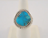 Chunky Handcrafted Vintage Southwestern Sterling Silver and Bright Blue Turquoise Split-Side Ring w/ Rope Detail & Matrix Size 9 - 9.5