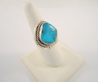 Chunky Handcrafted Vintage Southwestern Sterling Silver and Bright Blue Turquoise Split-Side Ring w/ Rope Detail & Matrix Size 9 - 9.5