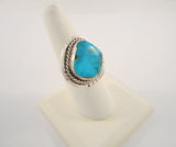 Chunky Handcrafted Vintage Southwestern Sterling Silver and Bright Blue Turquoise Split-Side Ring w/ Rope Detail & Matrix Size 9 - 9.5