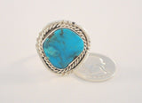 Chunky Handcrafted Vintage Southwestern Sterling Silver and Bright Blue Turquoise Split-Side Ring w/ Rope Detail & Matrix Size 9 - 9.5