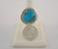 Chunky Handcrafted Vintage Southwestern Sterling Silver and Bright Blue Turquoise Split-Side Ring w/ Rope Detail & Matrix Size 9 - 9.5