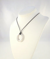 Large Bold Modern Signed Vintage Italian Solid 14K White Gold Repousse Tangent Circle Pendant on Black Rubber Cord Necklace17.5"