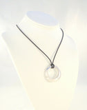 Large Bold Modern Signed Vintage Italian Solid 14K White Gold Repousse Tangent Circle Pendant on Black Rubber Cord Necklace17.5"