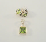 Signed Vintage Sterling Silver & Princess Cut Peridot Green Gemstones Curvy Fluted Pendant & Stud Earrings Set