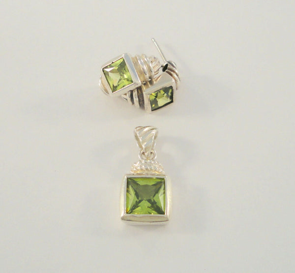 Signed Vintage Sterling Silver & Princess Cut Peridot Green Gemstones Curvy Fluted Pendant & Stud Earrings Set