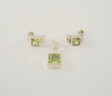 Signed Vintage Sterling Silver & Princess Cut Peridot Green Gemstones Curvy Fluted Pendant & Stud Earrings Set