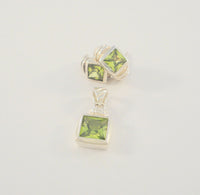 Signed Vintage Sterling Silver & Princess Cut Peridot Green Gemstones Curvy Fluted Pendant & Stud Earrings Set