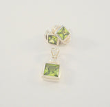 Signed Vintage Sterling Silver & Princess Cut Peridot Green Gemstones Curvy Fluted Pendant & Stud Earrings Set