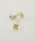 Signed Vintage Sterling Silver & Princess Cut Peridot Green Gemstones Curvy Fluted Pendant & Stud Earrings Set