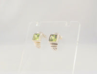 Signed Vintage Sterling Silver & Princess Cut Peridot Green Gemstones Curvy Fluted Pendant & Stud Earrings Set