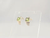 Signed Vintage Sterling Silver & Princess Cut Peridot Green Gemstones Curvy Fluted Pendant & Stud Earrings Set