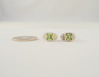 Signed Vintage Sterling Silver & Princess Cut Peridot Green Gemstones Curvy Fluted Pendant & Stud Earrings Set