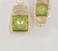 Signed Vintage Sterling Silver & Princess Cut Peridot Green Gemstones Curvy Fluted Pendant & Stud Earrings Set