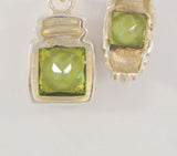 Signed Vintage Sterling Silver & Princess Cut Peridot Green Gemstones Curvy Fluted Pendant & Stud Earrings Set