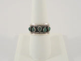 Vintage Handcrafted Signed Taxco Mexican Sterling Silver & Raw Teardrop Shaped Green Malachite Split-Side Ring w/ Antiquing & Rope Detailed Band Size 9