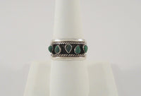 Vintage Handcrafted Signed Taxco Mexican Sterling Silver & Raw Teardrop Shaped Green Malachite Split-Side Ring w/ Antiquing & Rope Detailed Band Size 9