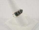 Vintage Handcrafted Signed Taxco Mexican Sterling Silver & Raw Teardrop Shaped Green Malachite Split-Side Ring w/ Antiquing & Rope Detailed Band Size 9