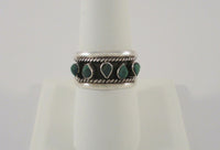 Vintage Handcrafted Signed Taxco Mexican Sterling Silver & Raw Teardrop Shaped Green Malachite Split-Side Ring w/ Antiquing & Rope Detailed Band Size 9