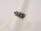Vintage Handcrafted Signed Taxco Mexican Sterling Silver & Raw Teardrop Shaped Green Malachite Split-Side Ring w/ Antiquing & Rope Detailed Band Size 9