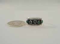 Vintage Handcrafted Signed Taxco Mexican Sterling Silver & Raw Teardrop Shaped Green Malachite Split-Side Ring w/ Antiquing & Rope Detailed Band Size 9