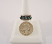 Vintage Handcrafted Signed Taxco Mexican Sterling Silver & Raw Teardrop Shaped Green Malachite Split-Side Ring w/ Antiquing & Rope Detailed Band Size 9