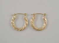 Sparkly Signed Vintage Jacmel Solid 14K Yellow Gold Diamond Cut Swirl Spiral Carved Hinged Hoop Pierced Earrings 16mm