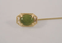 Antique Solid 14K Yellow Gold & Translucent Cabochon Green Jade Detailed Fine Filigree Openwork Art Deco Stick Pin