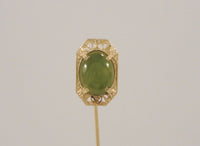 Antique Solid 14K Yellow Gold & Translucent Cabochon Green Jade Detailed Fine Filigree Openwork Art Deco Stick Pin