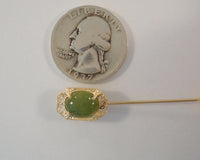 Antique Solid 14K Yellow Gold & Translucent Cabochon Green Jade Detailed Fine Filigree Openwork Art Deco Stick Pin