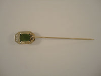 Antique Solid 14K Yellow Gold & Translucent Cabochon Green Jade Detailed Fine Filigree Openwork Art Deco Stick Pin