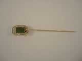 Antique Solid 14K Yellow Gold & Translucent Cabochon Green Jade Detailed Fine Filigree Openwork Art Deco Stick Pin