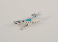 Handcrafted Vintage Native American Sterling Silver w/ Blue Turquoise Inlay Southwest Hand Stamped Roadrunner Pin or Brooch