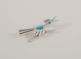 Handcrafted Vintage Native American Sterling Silver w/ Blue Turquoise Inlay Southwest Hand Stamped Roadrunner Pin or Brooch