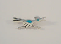 Handcrafted Vintage Native American Sterling Silver w/ Blue Turquoise Inlay Southwest Hand Stamped Roadrunner Pin or Brooch