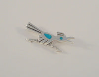 Handcrafted Vintage Native American Sterling Silver w/ Blue Turquoise Inlay Southwest Hand Stamped Roadrunner Pin or Brooch