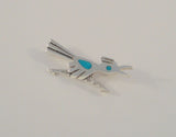 Handcrafted Vintage Native American Sterling Silver w/ Blue Turquoise Inlay Southwest Hand Stamped Roadrunner Pin or Brooch