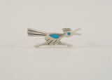 Handcrafted Vintage Native American Sterling Silver w/ Blue Turquoise Inlay Southwest Hand Stamped Roadrunner Pin or Brooch