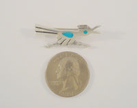 Handcrafted Vintage Native American Sterling Silver w/ Blue Turquoise Inlay Southwest Hand Stamped Roadrunner Pin or Brooch