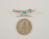 Handcrafted Vintage Native American Sterling Silver w/ Blue Turquoise Inlay Southwest Hand Stamped Roadrunner Pin or Brooch