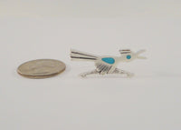 Handcrafted Vintage Native American Sterling Silver w/ Blue Turquoise Inlay Southwest Hand Stamped Roadrunner Pin or Brooch