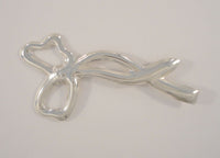 Long Curvy Vintage Sterling Silver Repousse Dimensional Openwork Gift Bow Ribbon Brooch Pin